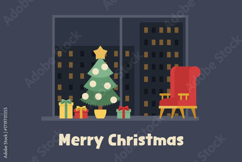 Christmas Tree with Gifts by Window Illustration, Cozy Holiday Greeting Card with City View