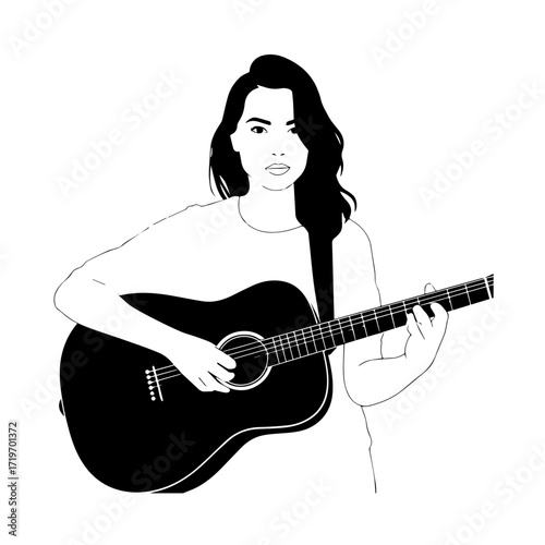 Black and white line art of a cool woman playing guitar in casual outfit minimalist stylish illustration
