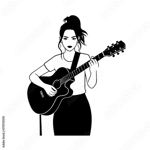 Black and white line art of a cool woman playing guitar in casual outfit minimalist stylish illustration

