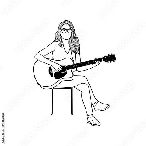 Black and white line art of a cool woman playing guitar in casual outfit minimalist stylish illustration
