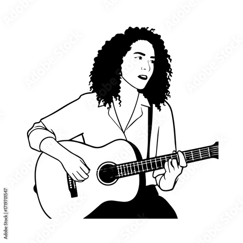 Black and white line art of a cool woman playing guitar in casual outfit minimalist stylish illustration

