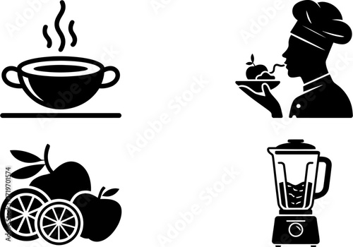 Culinary icons: steaming soup, chef tasting fruit, fresh produce, and a blender.
