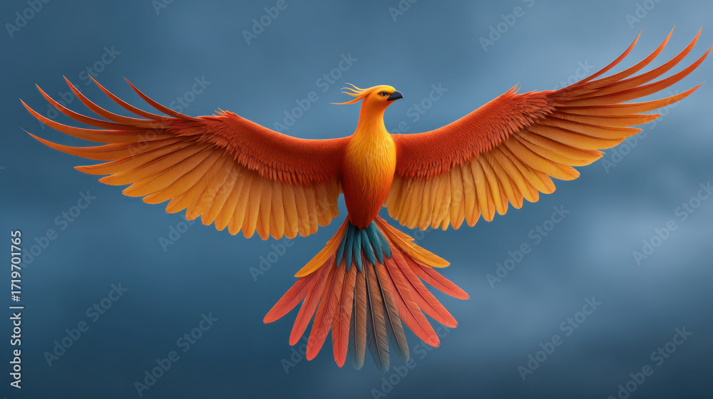 Fototapeta premium Phoenix bird flying in air with wide spread wings and vibrant orange feathers against cloudy blue sky, symbolizing rebirth and fiery energy
