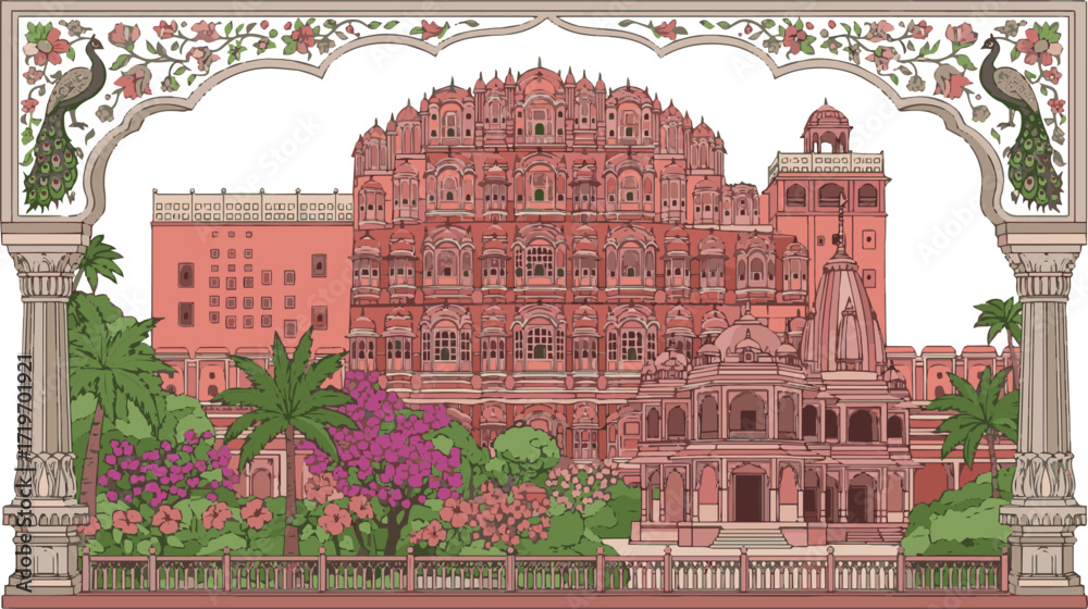 Fototapeta premium Create a Jaipur palace Hawa Mahal, garden, temple, arch with column, tropical plant, peacock floral decorative frame vector art with white background.
