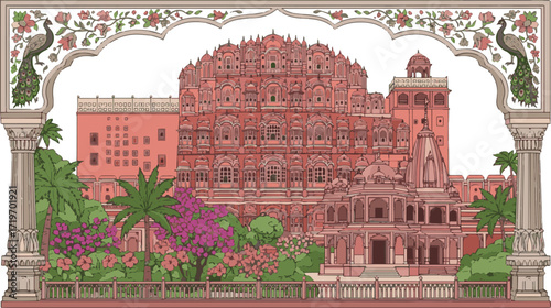 Create a Jaipur palace Hawa Mahal, garden, temple, arch with column, tropical plant, peacock floral decorative frame vector art with white background.