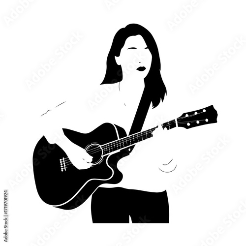 Black and white line art of a cool woman playing guitar in casual outfit minimalist stylish illustration