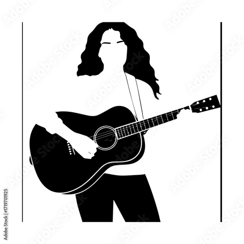 Black and white line art of a cool woman playing guitar in casual outfit minimalist stylish illustration
