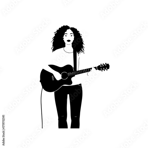 Black and white line art of a cool woman playing guitar in casual outfit minimalist stylish illustration