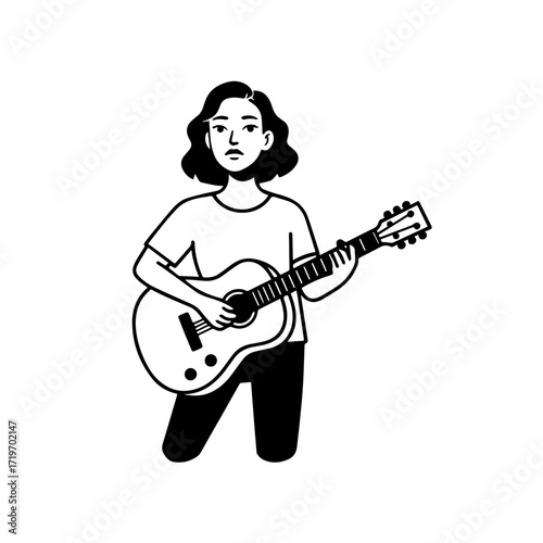 Black and white line art of a cool woman playing guitar in casual outfit minimalist stylish illustration