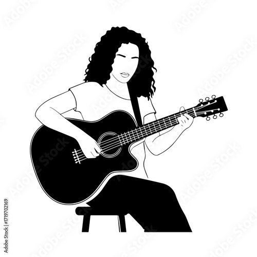 Black and white line art of a cool woman playing guitar in casual outfit minimalist stylish illustration