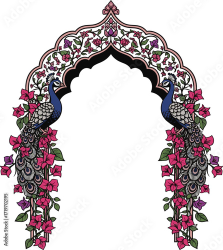 Create a Mughal decorative ethnic garden frame at night with arch, peacock and bougainvillea flower vector art with white background.