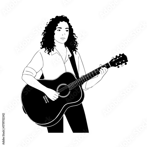 Black and white line art of a cool woman playing guitar in casual outfit minimalist stylish illustration