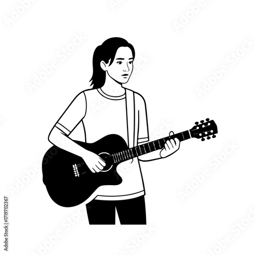 Black and white line art of a cool woman playing guitar in casual outfit minimalist stylish illustration