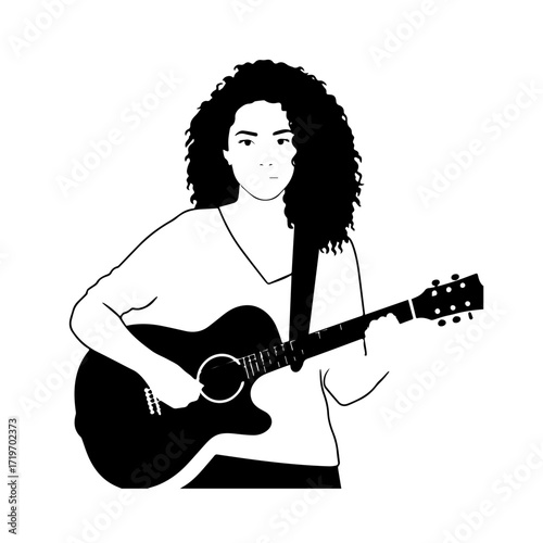 Black and white line art of a cool woman playing guitar in casual outfit minimalist stylish illustration