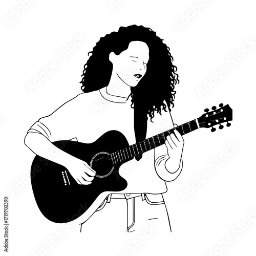 Black and white line art of a cool woman playing guitar in casual outfit minimalist stylish illustration