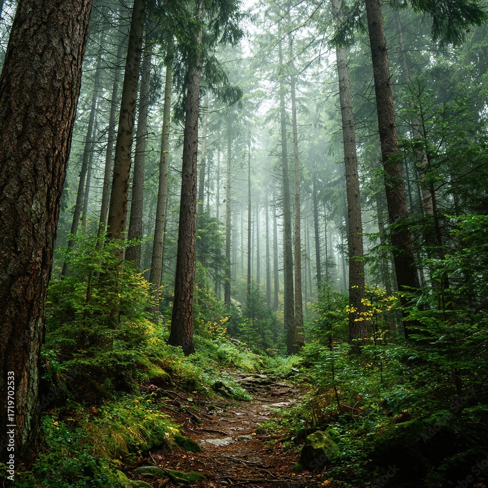 Obraz premium Lively International Day of Forests scene with people planting saplings, hiking through lush woods, observing wildlife (birds, squirrels), and displaying forest protection .