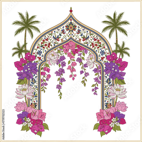 Create a Mughal ethnic arch, Bougainvillea, lotus flowers, palm tree illustration for wedding invitation frame vector art with white background.