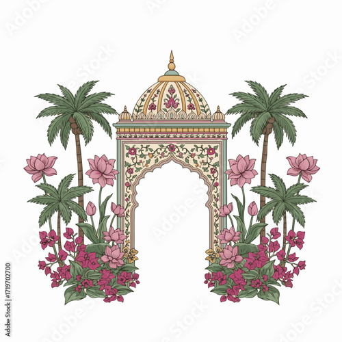 Create a Mughal ethnic pattern, temple arch, palm tree, plant with lotus, bougainvillea flowers illustration for wedding vector art with white background.
