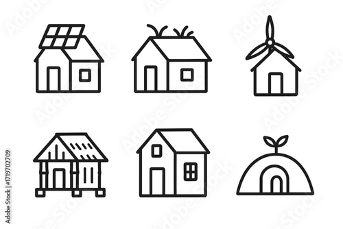 Eco-friendly house icons featuring solar panels, green roofs, wind turbines, and more