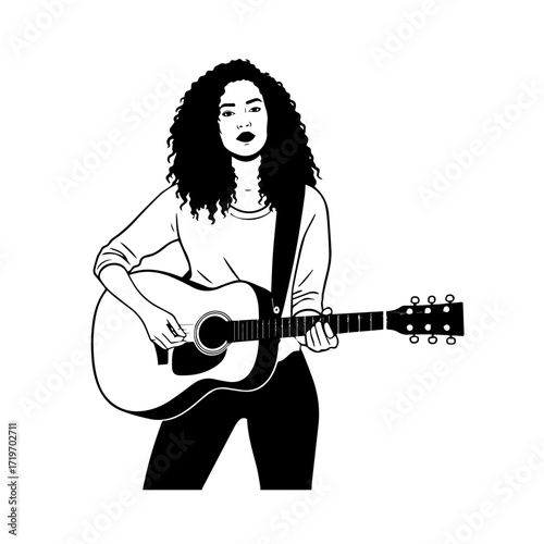 Black and white line art of a cool woman playing guitar in casual outfit minimalist stylish illustration