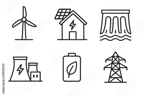 Renewable energy icons: wind, solar, hydro, nuclear, battery, power line