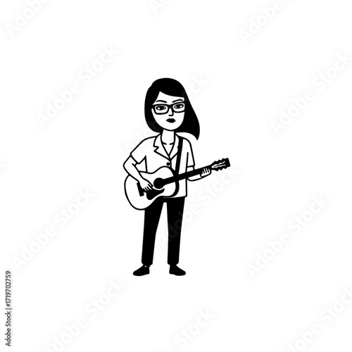 Black and white line art of a cool woman playing guitar in casual outfit minimalist stylish illustration