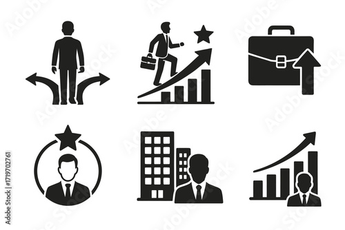 Silhouette business icons: career growth, success, decision making