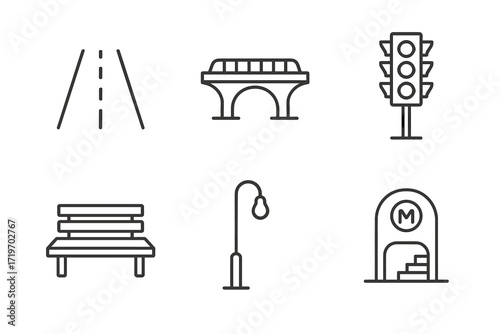 Set of urban transportation icons: road, bridge, traffic light, bench, streetlight, metro entrance