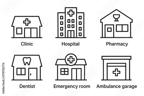 Medical facility icons: clinic, hospital, pharmacy, dentist, emergency room, ambulance garage