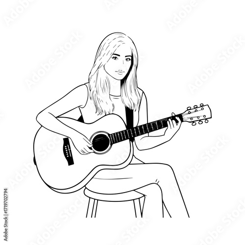 Black and white line art of a cool woman playing guitar in casual outfit minimalist stylish illustration