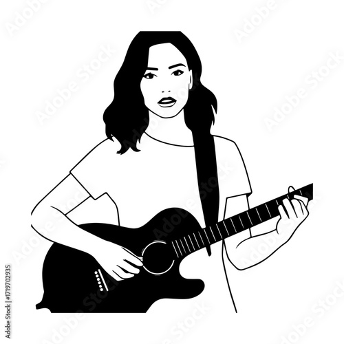 Black and white line art of a cool woman playing guitar in casual outfit minimalist stylish illustration