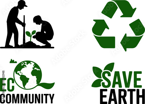 People planting a sapling beside recycling and earth conservation symbols