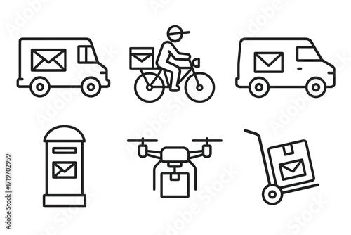 Delivery icon set: vehicles, drone, and package illustrations