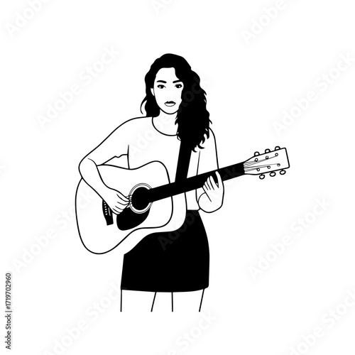 Black and white line art of a cool woman playing guitar in casual outfit minimalist stylish illustration