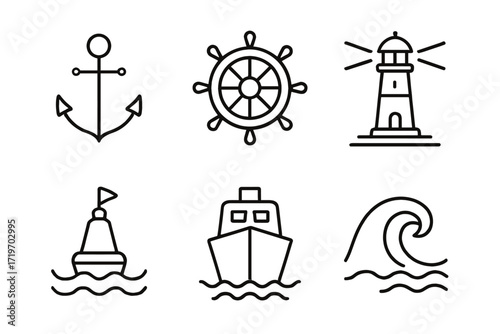 Nautical icons: anchor, helm, lighthouse, buoy, ship, wave line art