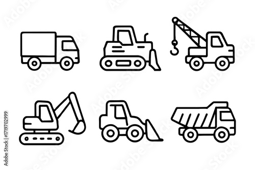 Outline icons of construction vehicles: truck, bulldozer, crane, excavator, tractor, dumper