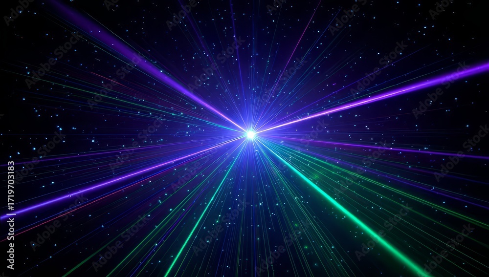 Naklejka premium Vibrant Laser Light Beams in Space with Starfield Background