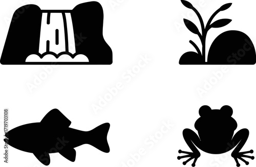 Nature icons: waterfall, plant, fish and frog, symbolizing ecosystem and wildlife