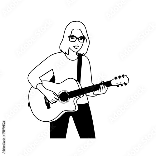 Black and white line art of a cool woman playing guitar in casual outfit minimalist stylish illustration
