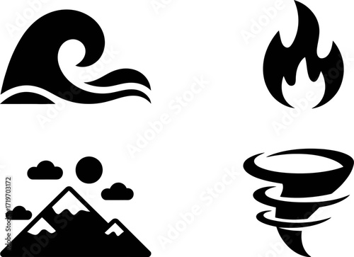 Four elemental icons representing nature's power: water, fire, mountains, and wind.