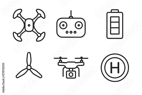 Drone components: quadrocopter, remote control, battery, propeller, and helipad icons