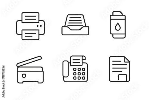 Office equipment icons: printer, scanner, fax, document, tray, toner in line style