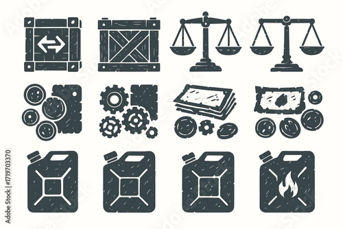 Industrial icons set featuring scales, gear cogs, containers, cash, and shipping crates