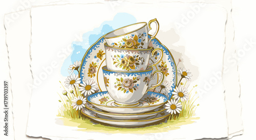 Delicate watercolor illustration of stacked vintage porcelain teacups and saucers, adorned with intricate floral patterns, charming daisies, creating a serene timeless tea party scene