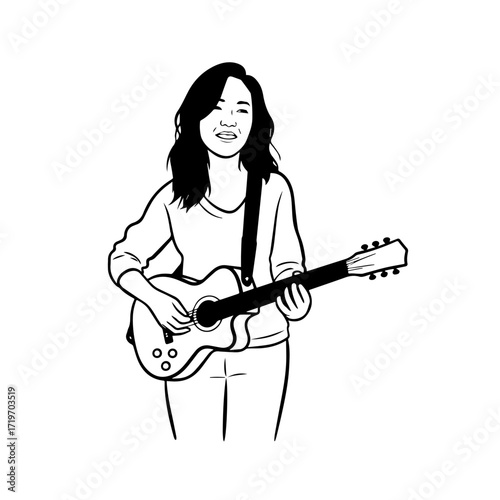 Black and white line art of a cool woman playing guitar in casual outfit minimalist stylish illustration