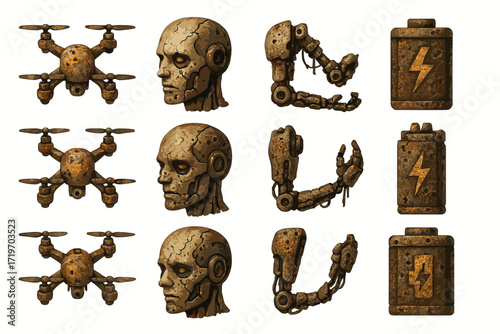 Rusty mechanical drone, skull, arm, and battery design elements
