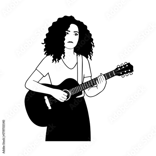 Black and white line art of a cool woman playing guitar in casual outfit minimalist stylish illustration