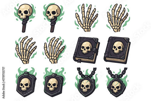 Skull and bone designs with green flames and books of spells