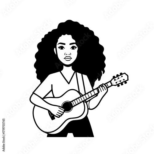 Black and white line art of a cool woman playing guitar in casual outfit minimalist stylish illustration