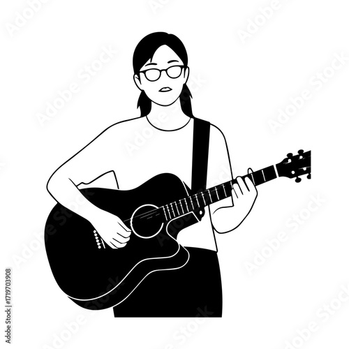 Black and white line art of a cool woman playing guitar in casual outfit minimalist stylish illustration